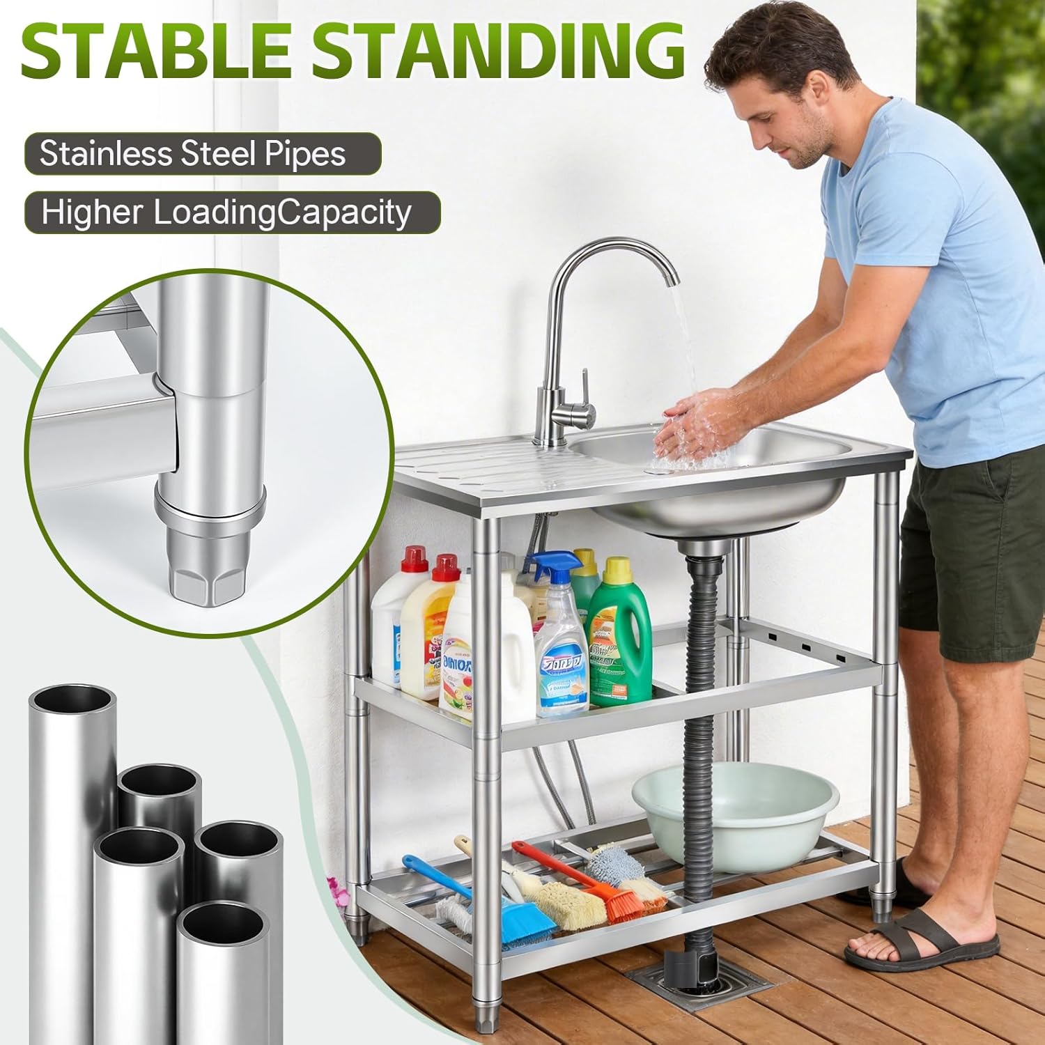 Maeklon Outdoor Utility Sink, Stainless Steel Laundry Tub Sink with Double-Layer Storage Shelves, Single Bowl Portable Washing Hand Basin Station with Double Temperature Faucet, for Garage, Kitchen, Camping
