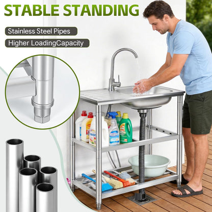 Maeklon Outdoor Utility Sink, Stainless Steel Laundry Tub Sink with Double-Layer Storage Shelves, Single Bowl Portable Washing Hand Basin Station with Double Temperature Faucet, for Garage, Kitchen, Camping