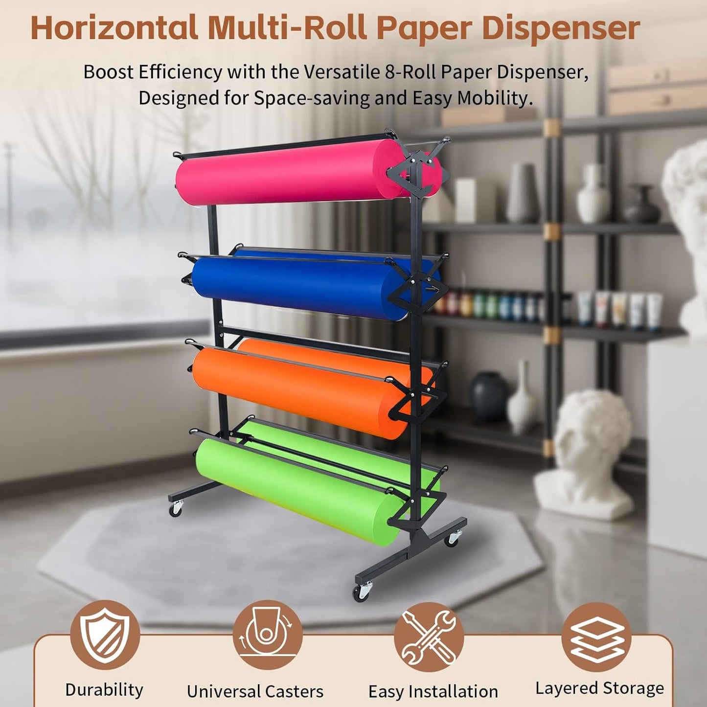 Maeklon Paper Roll Dispenser Holder, Dispenser Rack and Cutter for Up to 8 Roll 36 Inch Wide Rolls, Mobile Rolling Organizer, Ideal for Butcher, Craft, ArtGift Paper