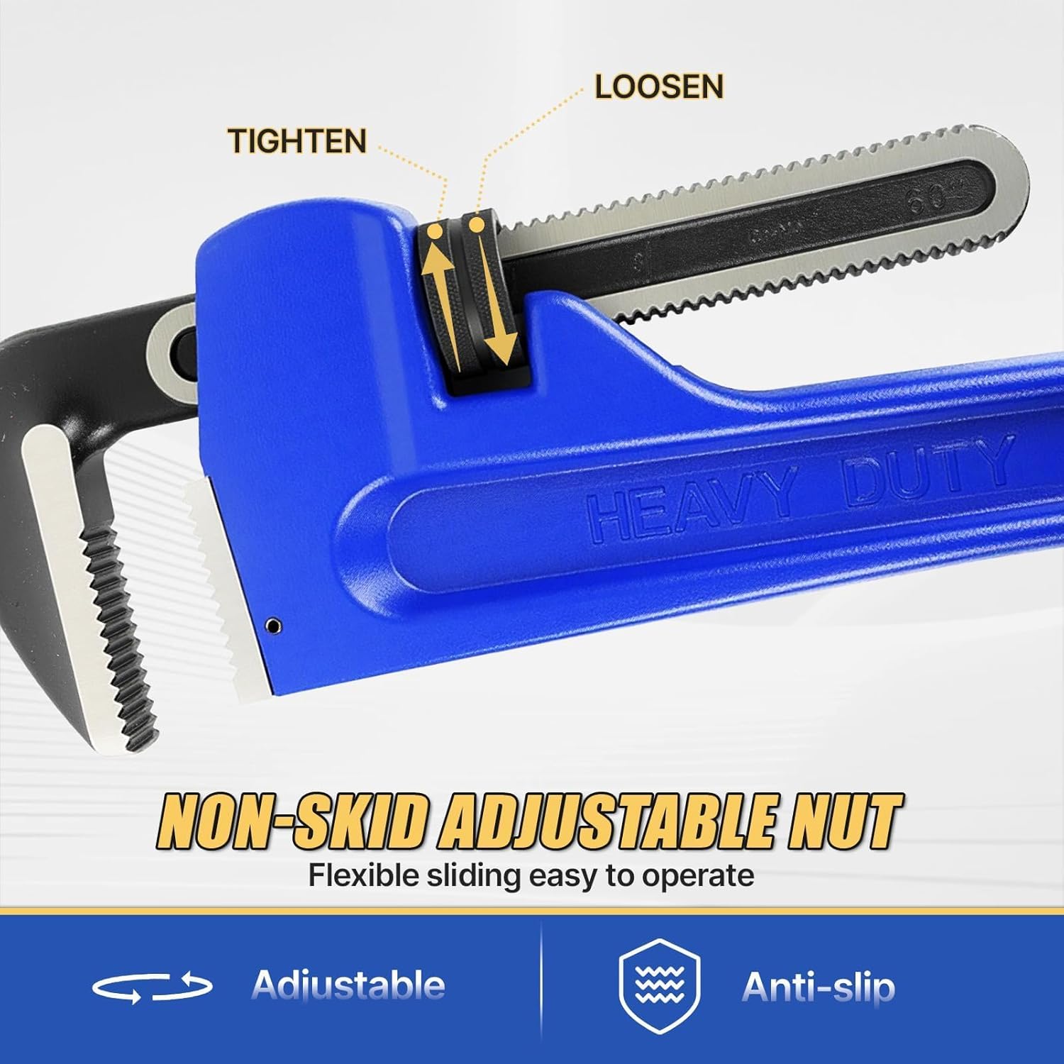 Maeklon 60 Inch Pipe Wrench, Jaw Opening Max 9", Adjustable Plumber Tool with Gloves and 8" Pipe Wrench, Carbon Steel Straight Handle Plumbing Wrench, for Mechanics, Plumbing, Construction, Blue