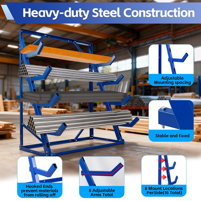 Maeklon Industrial Steel 4 Tier Horizontal Lumber Storage Rack, 2000lbs Load Capacity, Heavy Duty Lumber Storage Rack, Adjustable Utility Cantilever Rack for Garage, Workshop and Shed