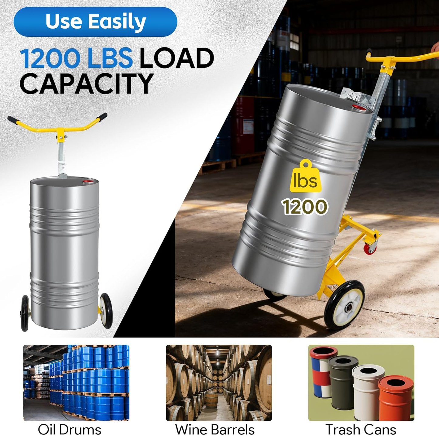 Maeklon 55 Gallon Drum Dolly, Upgraded Heavy-Duty Bucket Dolly with Wheels, 1200lbs Steel Barrel Drum Dollies for Garages Warehouse Workshop