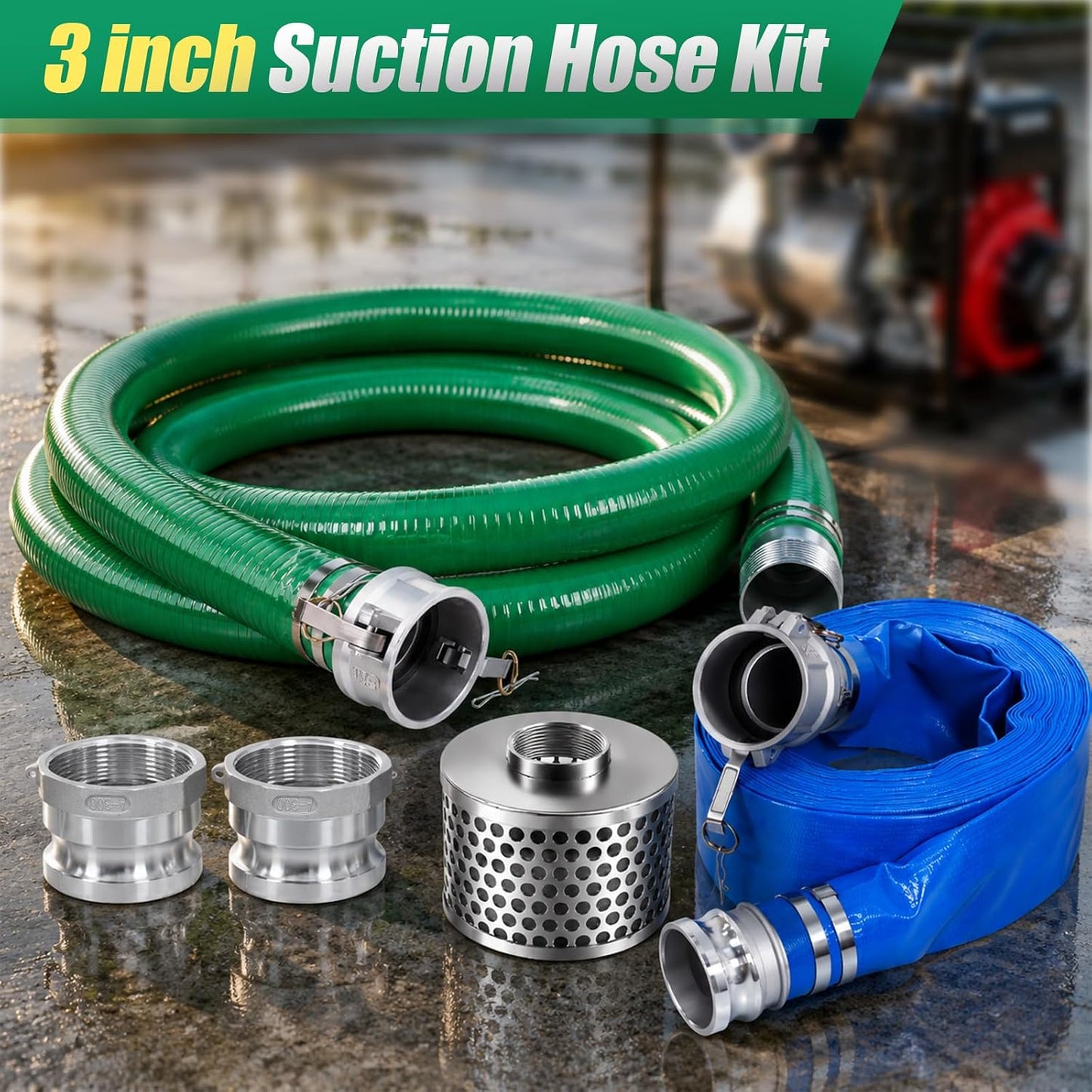 Maeklon 3 Inch Discharge Hose Pump Kit, Suction Hose Kit with Carbon Steel Filter | Includes 20 Ft Suction Hose and 65 Ft PVC Discharge Hose for Water Transfer, Drainage, Backwashing and Pump Applications