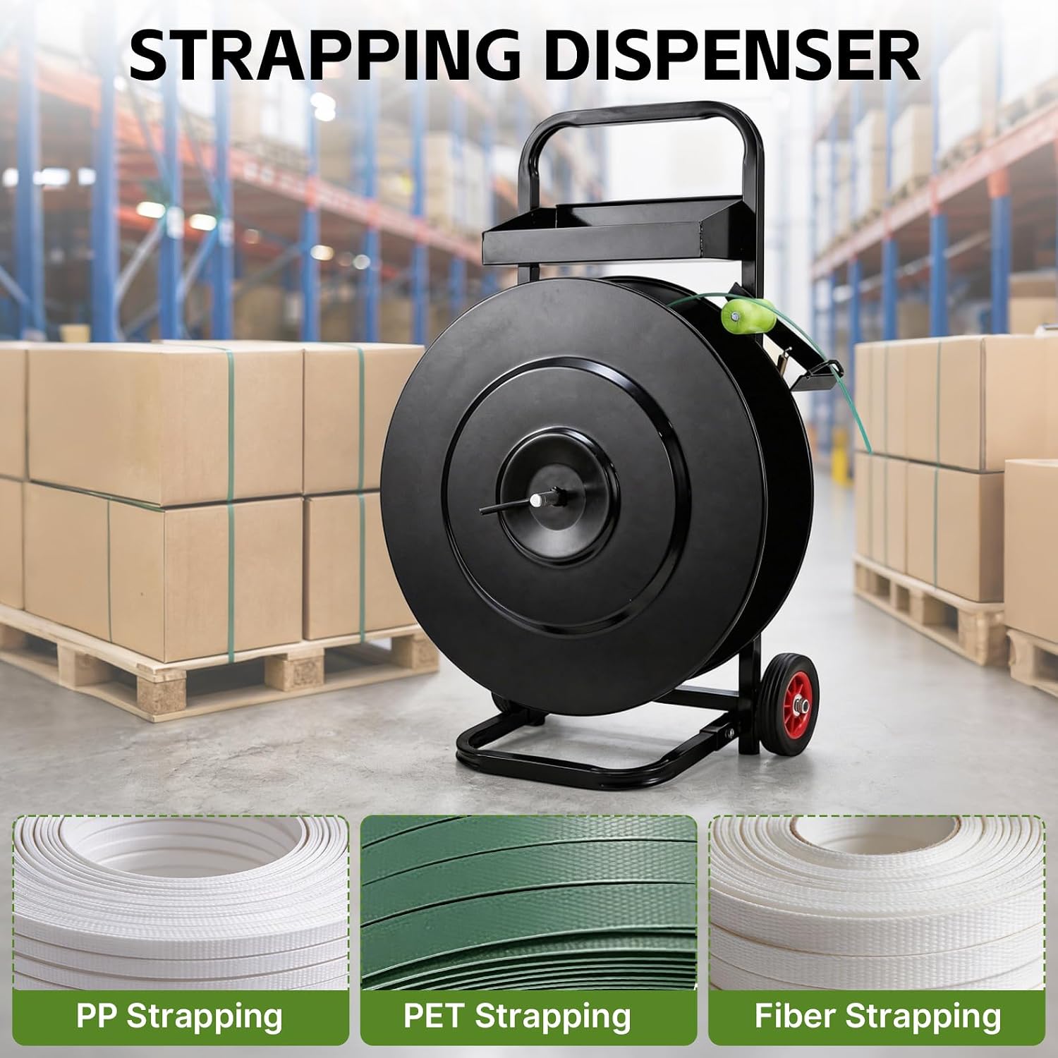 Banding Strapping Cart for 8"/16" Core, Strapping Dispenser with Wheels | Mobile Large-Reel Strapping Dispenser for PET, PP and Fiber Coils with Split-Leg Frame for Warehouses, Packaging Station