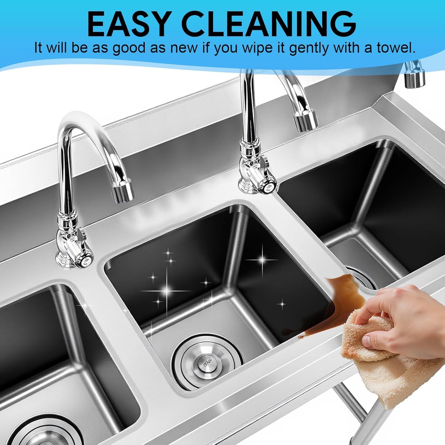 ‎Maeklon 3-Compartment Sink, 39'' x 18'' x 36'' Stainless Steel Utility Sink, Free Standing Three Bowl Kitchen Sink Set with 2 Faucets Hot & Cold Water Pipes for Food Truck, Bar, Restaurant