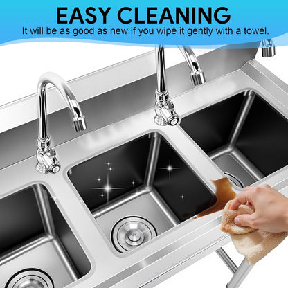 ‎Maeklon 3-Compartment Sink, 39'' x 18'' x 36'' Stainless Steel Utility Sink, Free Standing Three Bowl Kitchen Sink Set with 2 Faucets Hot & Cold Water Pipes for Food Truck, Bar, Restaurant