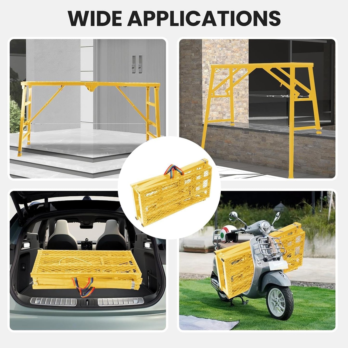 Foldable Scaffolding Platform, 36.2-62 in Adjustable Scaffolding Platform, 70.9 x 15.2 in Portable Work Platform for Painting, Wiring, Window Cleaning, Garage and Construction, Yellow, 770 lb