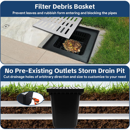 Maeklon 16"x16"x16" Catch Basin with Grate, 304 Stainless Steel Grate Catch Basin with Debris Basket, French Drain Without Reserved Hole for Patio,Downspout,Commercial