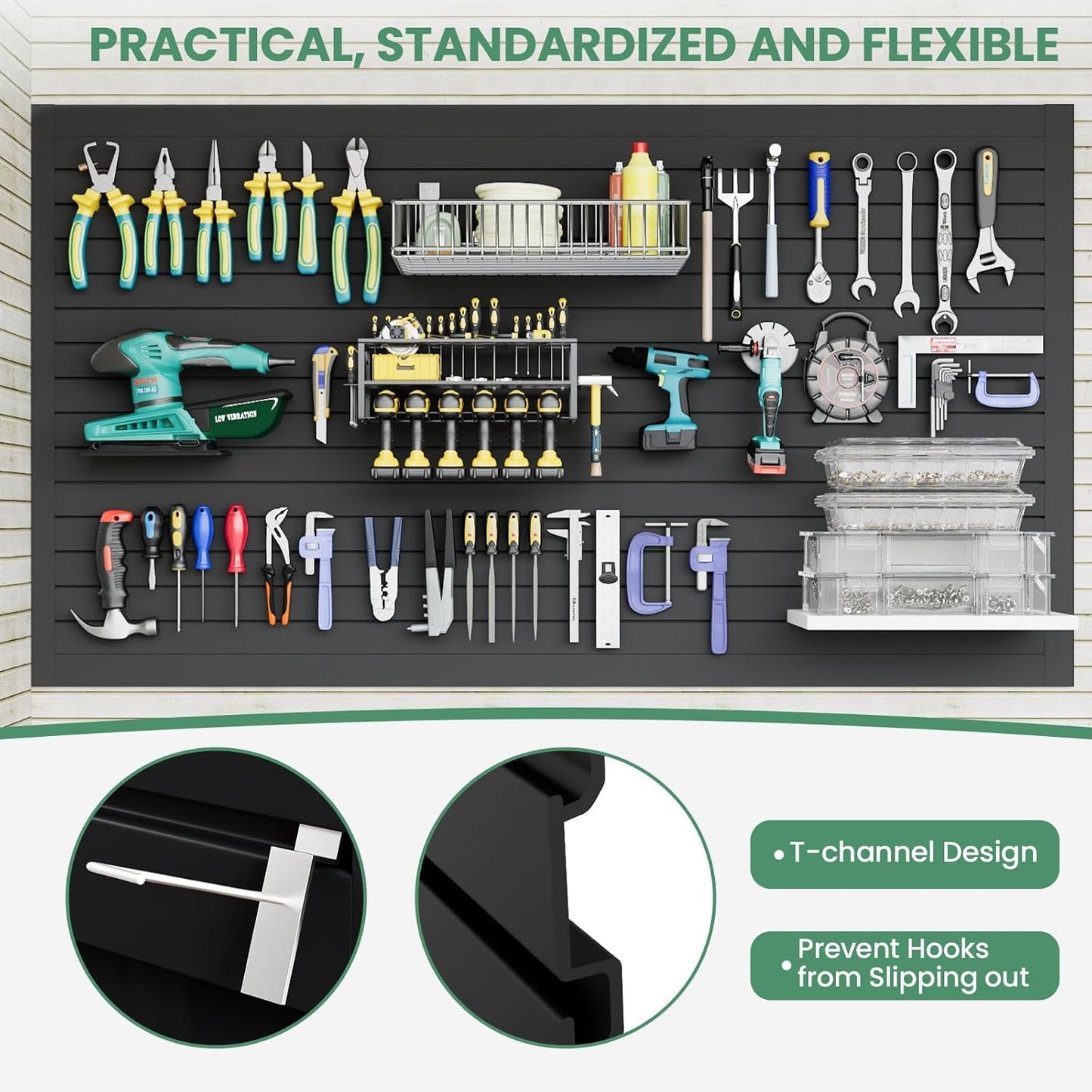 Maeklon 2 Pack 4 x 8 ft Garage Slat Wall Panels, Heavy PVC Wall Organizer with 12 Hooks, Slatwall Panel Wall Storage Systems for Garage Wall Storage, Slatted Wall Panels - Black