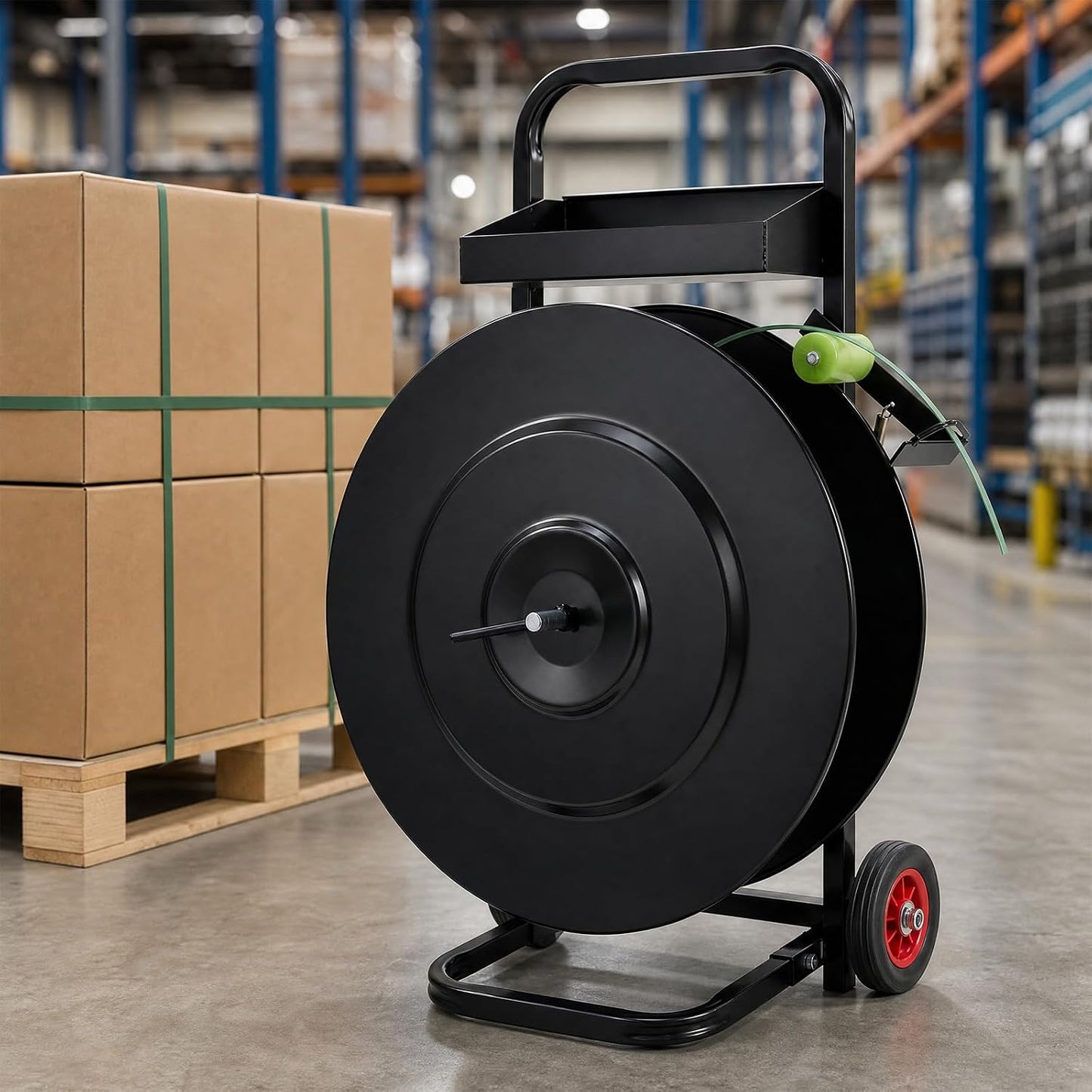 Banding Strapping Cart for 8"/16" Core, Strapping Dispenser with Wheels | Mobile Large-Reel Strapping Dispenser for PET, PP and Fiber Coils with Split-Leg Frame for Warehouses, Packaging Station