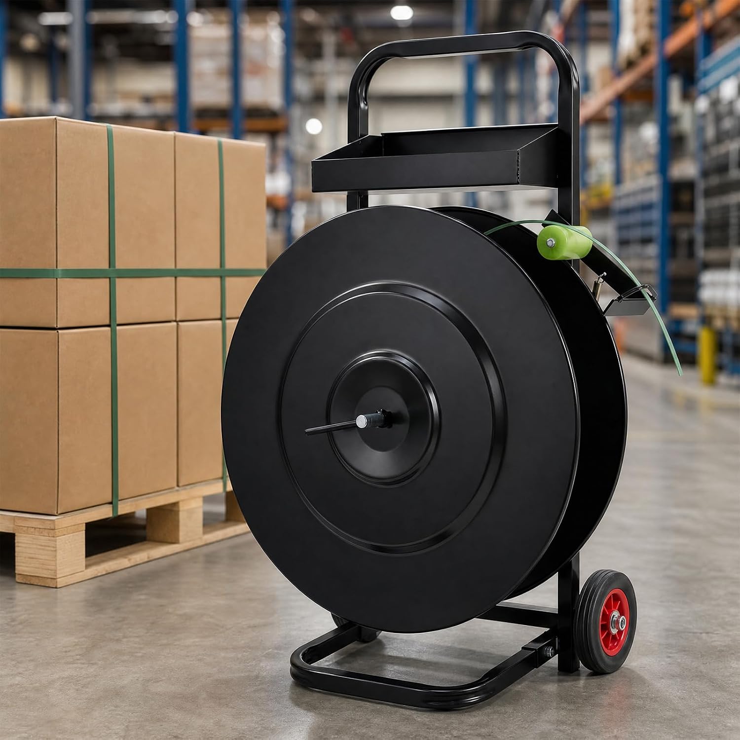 Banding Strapping Cart for 8"/16" Core, Strapping Dispenser with Wheels | Mobile Large-Reel Strapping Dispenser for PET, PP and Fiber Coils with Split-Leg Frame for Warehouses, Packaging Station