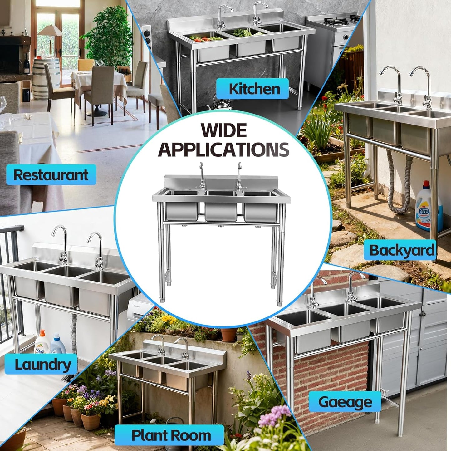 ‎Maeklon 3-Compartment Sink, 39'' x 18'' x 36'' Stainless Steel Utility Sink, Free Standing Three Bowl Kitchen Sink Set with 2 Faucets Hot & Cold Water Pipes for Food Truck, Bar, Restaurant