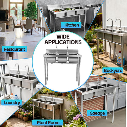 ‎Maeklon 3-Compartment Sink, 39'' x 18'' x 36'' Stainless Steel Utility Sink, Free Standing Three Bowl Kitchen Sink Set with 2 Faucets Hot & Cold Water Pipes for Food Truck, Bar, Restaurant