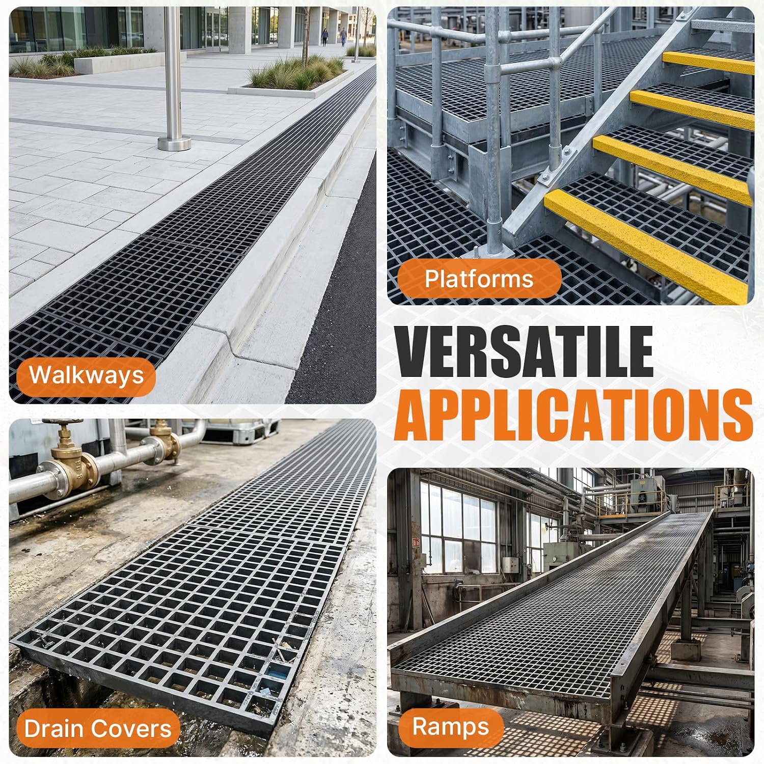 2 Pack Fiberglass Grating, 48"x22.6"x1.3" Molded FRP Panels | Open Mesh Grate with Concave Surface for Drain, Deck, Car Wash, Walkway and Industrial Flooring