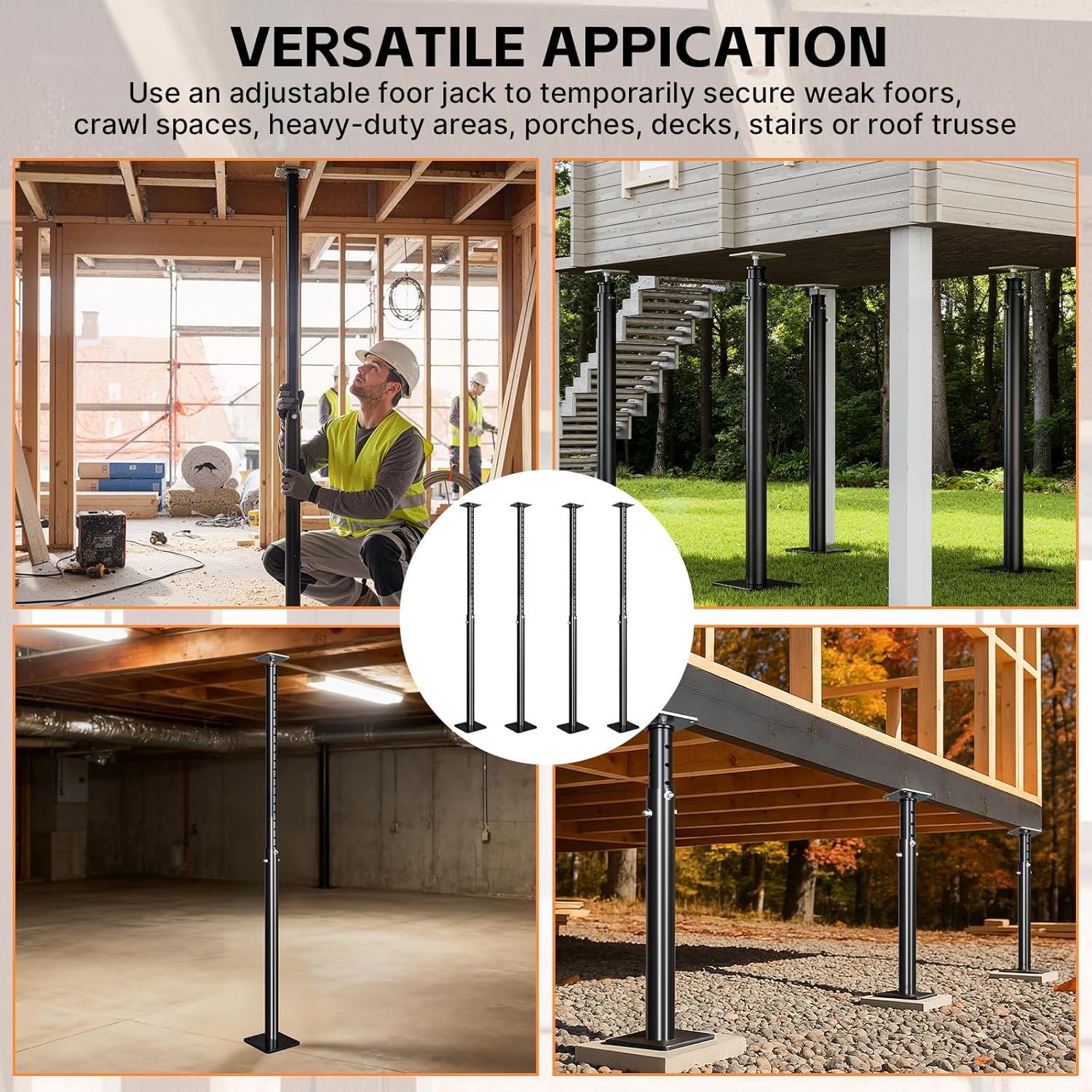 Maeklon 4 Pack Adjustable Floor Jacks Post, House Floor Leveling Lift, 55"-98" Bracket Height Range, Basement Support Pole Jacks, Floor Jack for House Lifting -18000 lbs Max Load Capacity