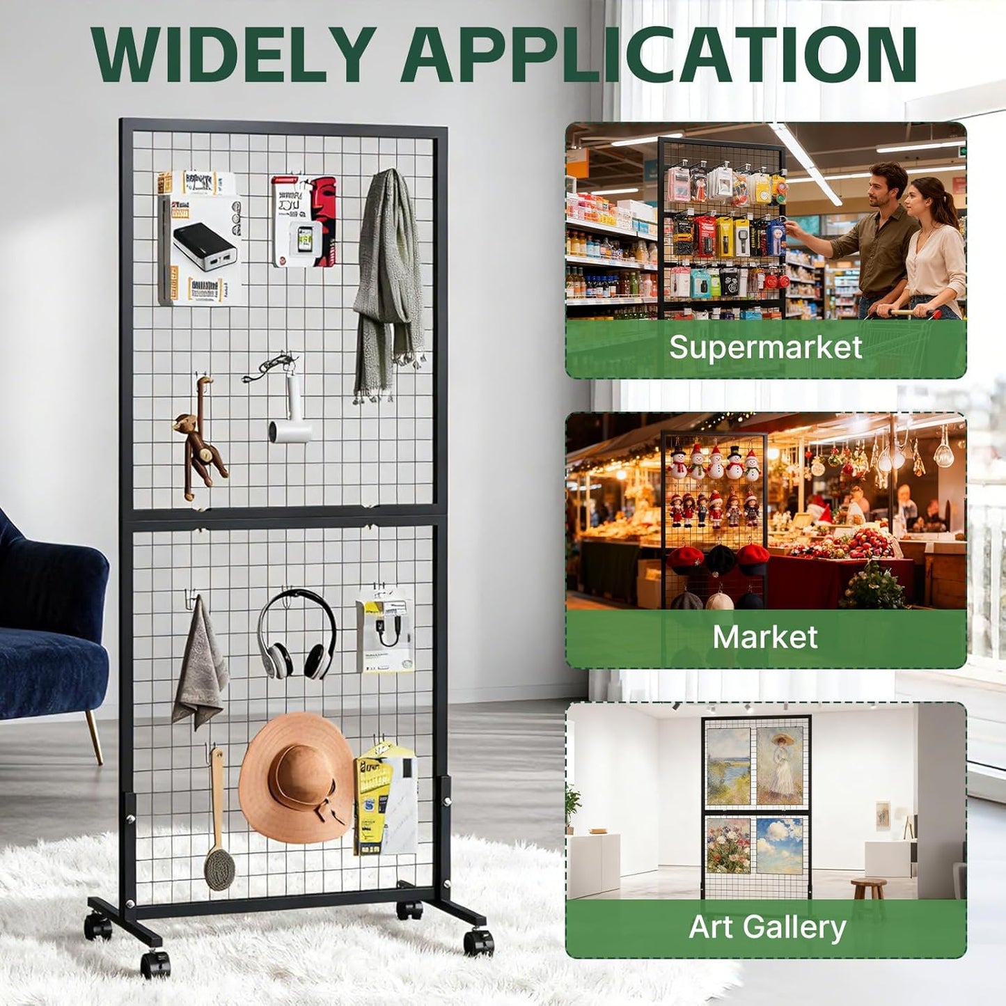 Maeklon 3 Pack Grid Wall Panel Display Stand, Wire Grid Wall Display Rack with 20 Grid Hooks, Floor-standing Art Display Panels with Wheels, for Art Craft Show, Retail Display