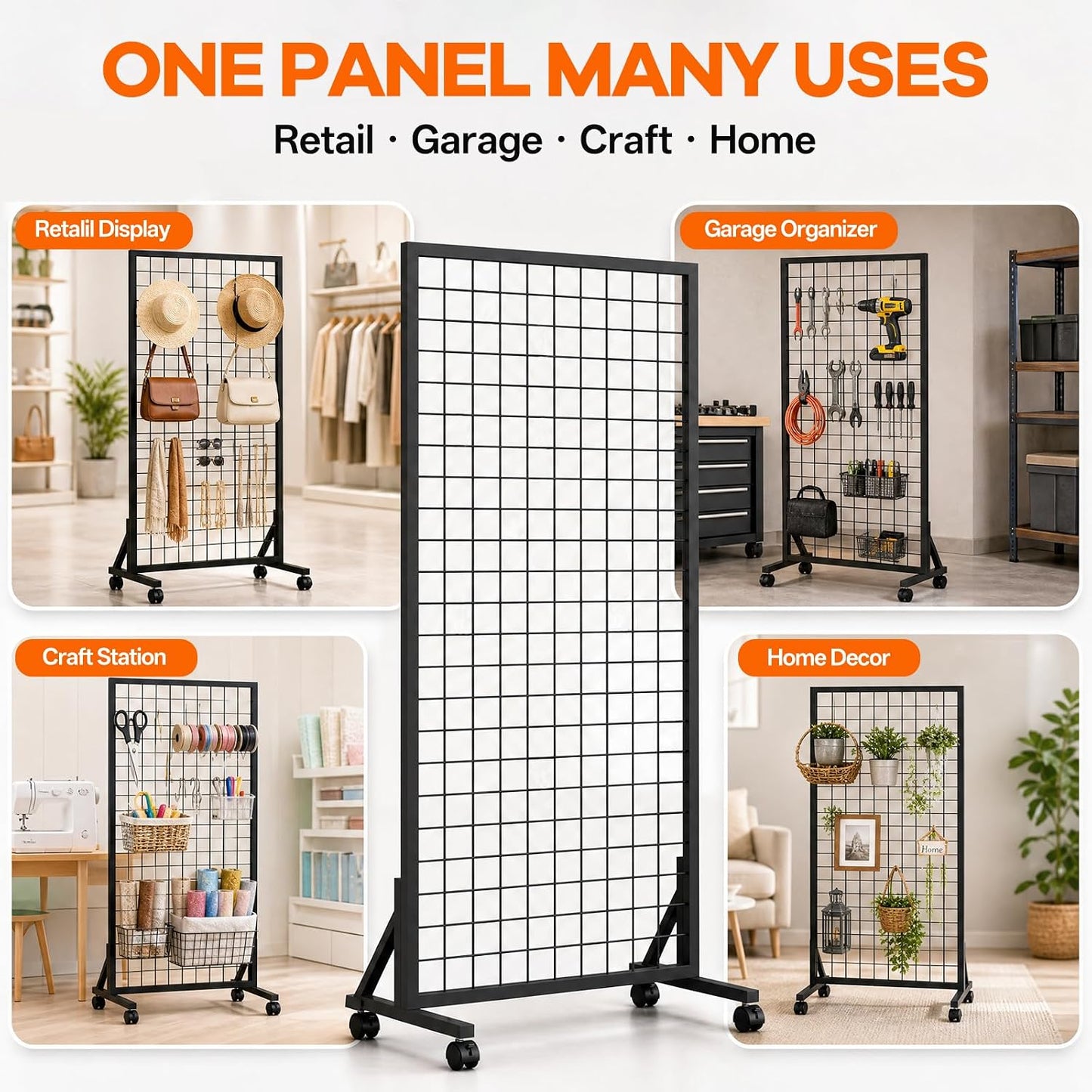 4 Pack Grid Wall Panel Rack, 2x6 Ft Metal Gridwall Display Stand with T-Base Wheels | Heavy-Duty Mobile Freestanding Racks with 80 Hooks, for Retail Store, Craft Show, Boutique, Black