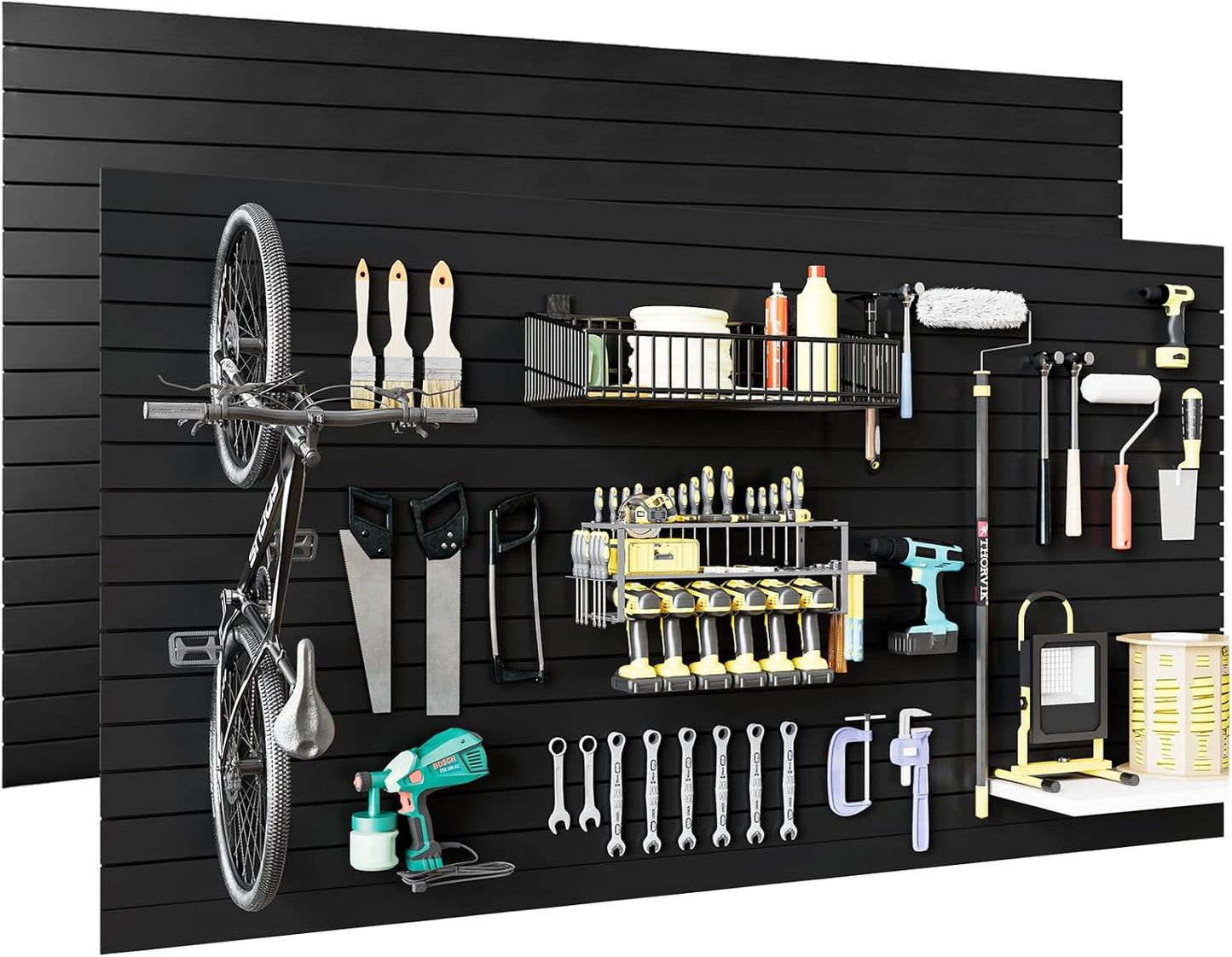 Maeklon 2 Pack 4 x 8 ft Garage Slat Wall Panels, Heavy PVC Wall Organizer with 12 Hooks, Slatwall Panel Wall Storage Systems for Garage Wall Storage, Slatted Wall Panels - Black