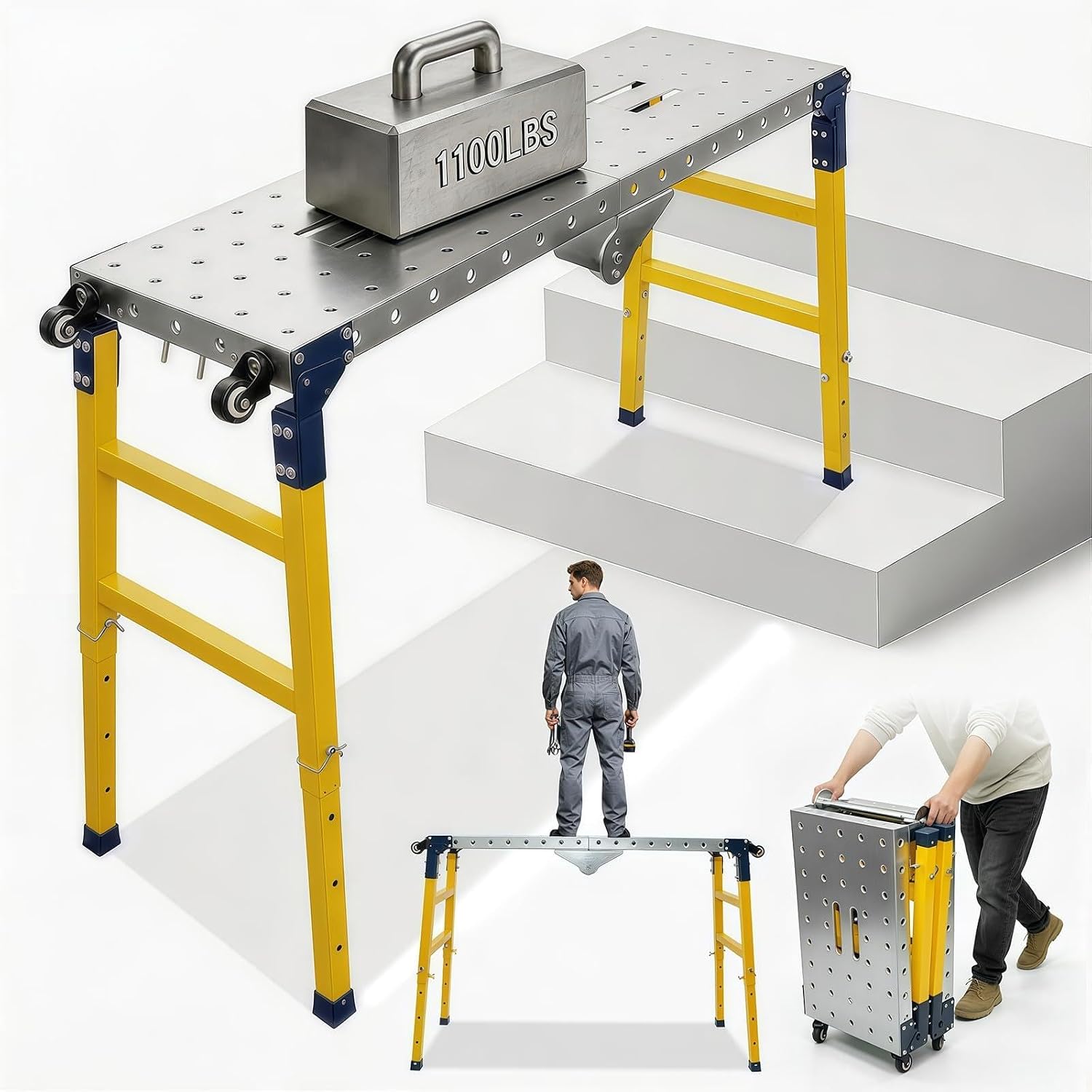 Scaffolding Work Platform with Wheels 47 x 14 in,1100 lb | Adjustable 20–35 In Height with Foldable Galvanize Steel Scaffold Platform For Painting, Construction, Maintenance
