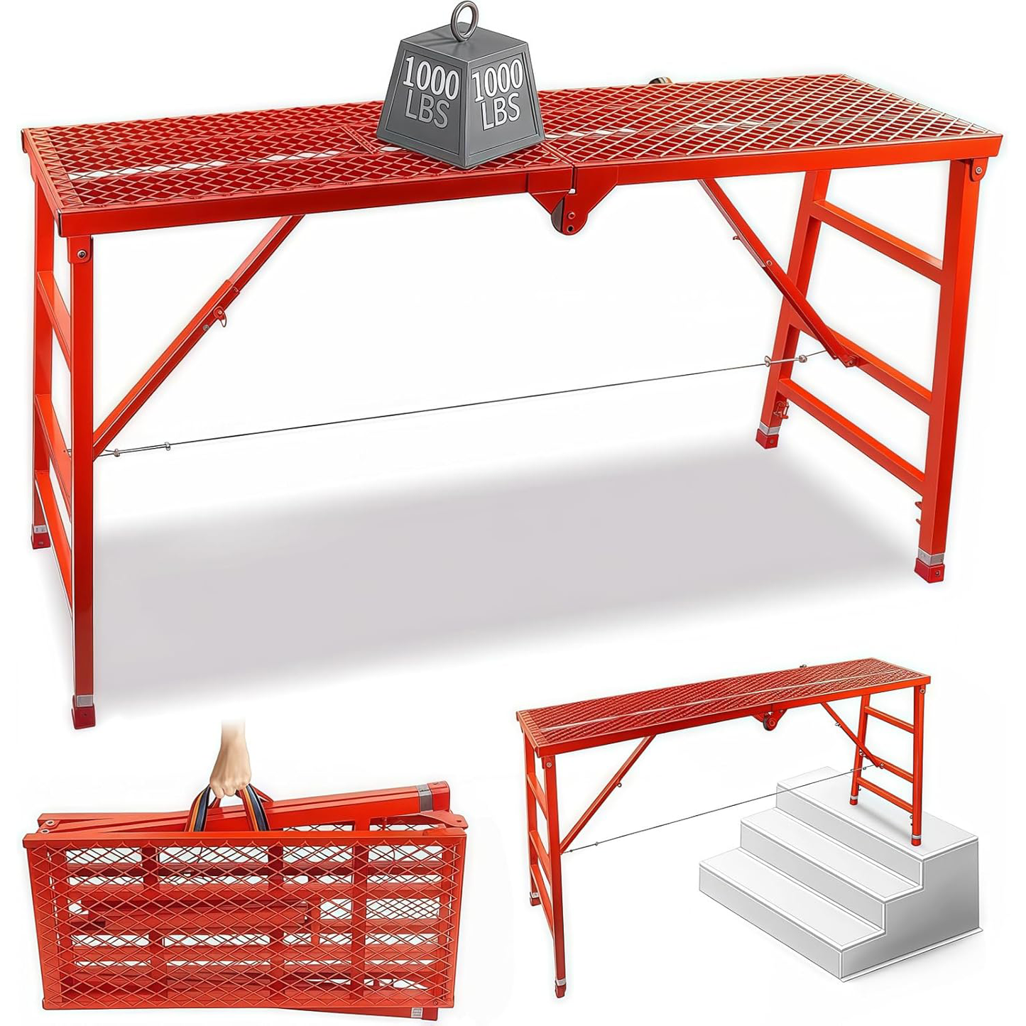 Maeklon Foldable Scaffolding Platform, 70.8x15.2x36.2-62 Inch Welded Steel Work Platform, 770 Lbs Capacity, Adjustable Height Industrial Step Ladders, Ideal for Painting, Wiring and Home Decor, Red