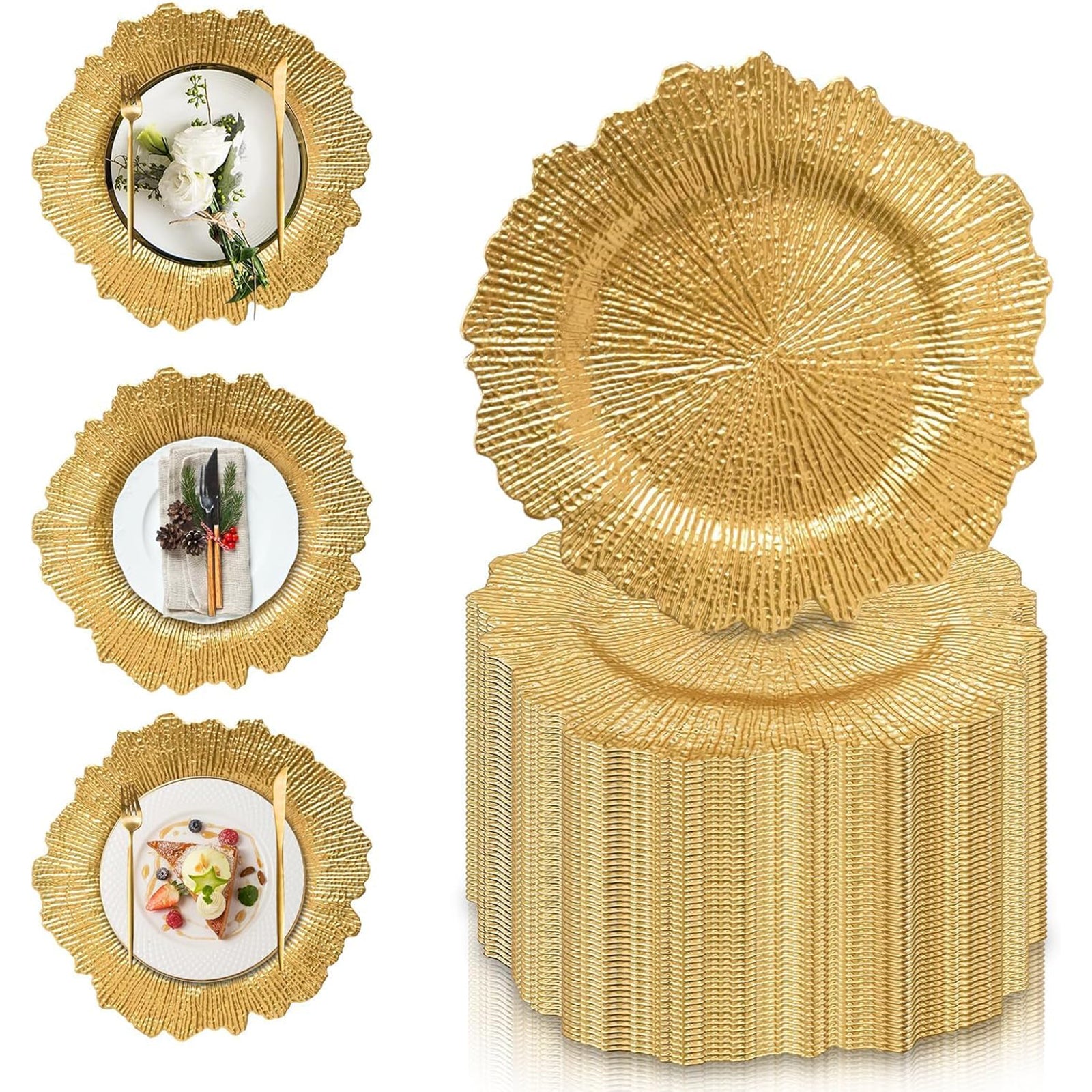 Maeklon 50 Pcs Gold Charger Plates Bulk, 13" Gold Reef Charger Plates for Wedding, Thanksgiving, Christmas, Plastic Chargers for Dinner Plates