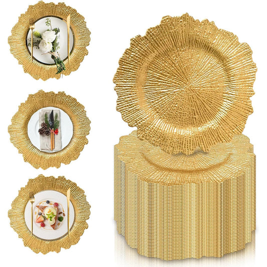 Maeklon 50 Pcs Gold Charger Plates Bulk, 13" Gold Reef Charger Plates for Wedding, Thanksgiving, Christmas, Plastic Chargers for Dinner Plates