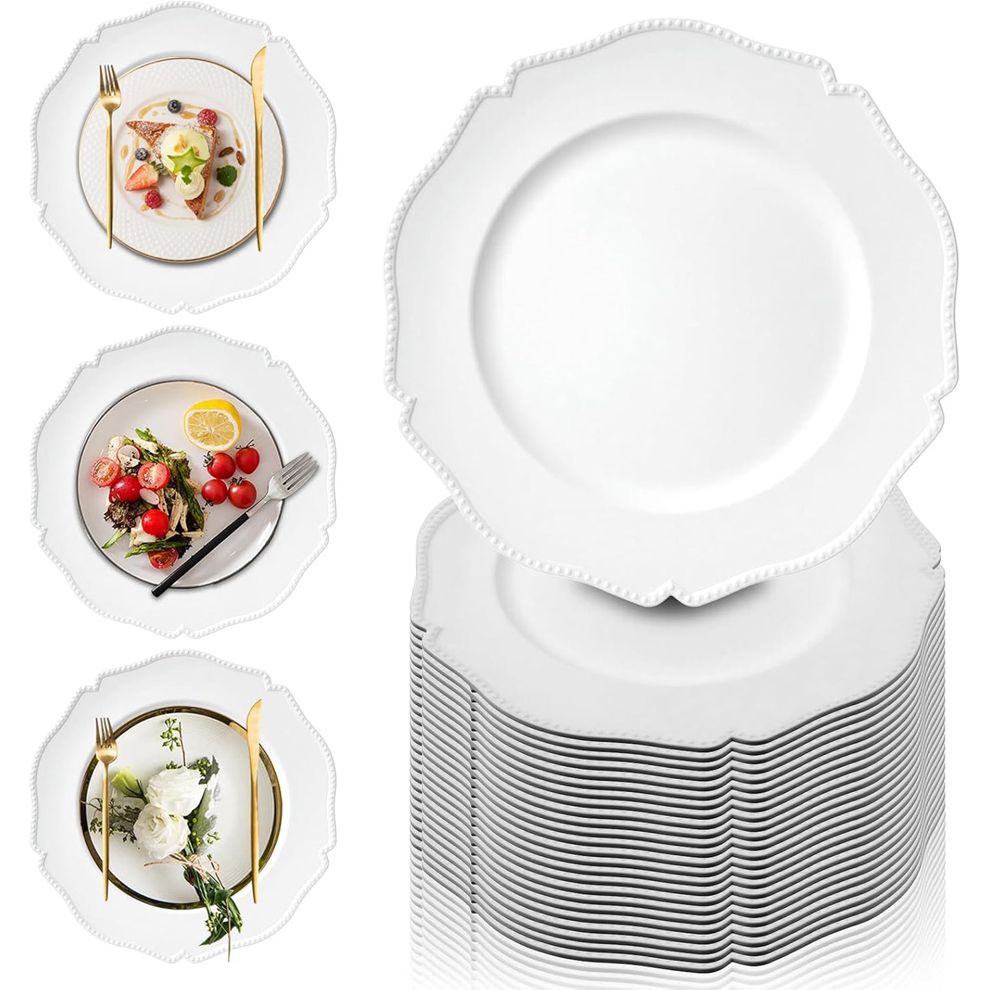 Maeklon 100 Pack White Charger Plates with Beaded Rim, 13 Inch Round White Chargers for Dinner Plates, Table Chargers for Table Setting, Wedding