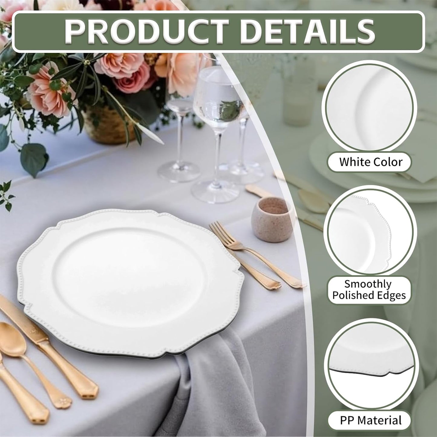 Maeklon 100 Pack White Charger Plates with Beaded Rim, 13 Inch Round White Chargers for Dinner Plates, Table Chargers for Table Setting, Wedding