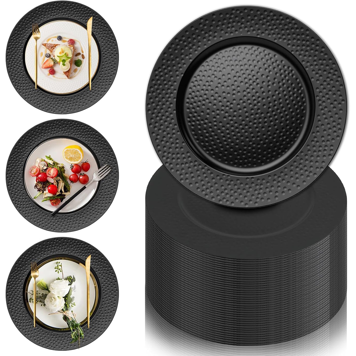 Maeklon 50 Pcs Hammered Black Charger Plates, 13" Black Chargers for Dinner Plates, Plastic Reusable Round Charger Plate for Table Setting, Wedding, Party, Event