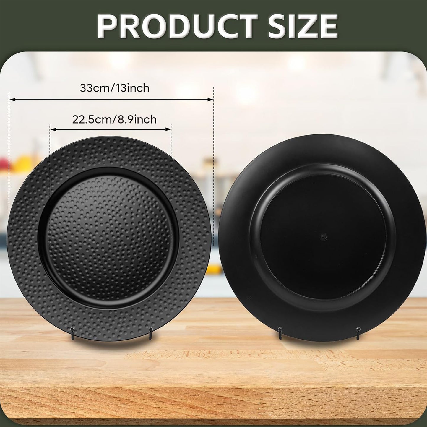 Maeklon 50 Pcs Hammered Black Charger Plates, 13" Black Chargers for Dinner Plates, Plastic Reusable Round Charger Plate for Table Setting, Wedding, Party, Event