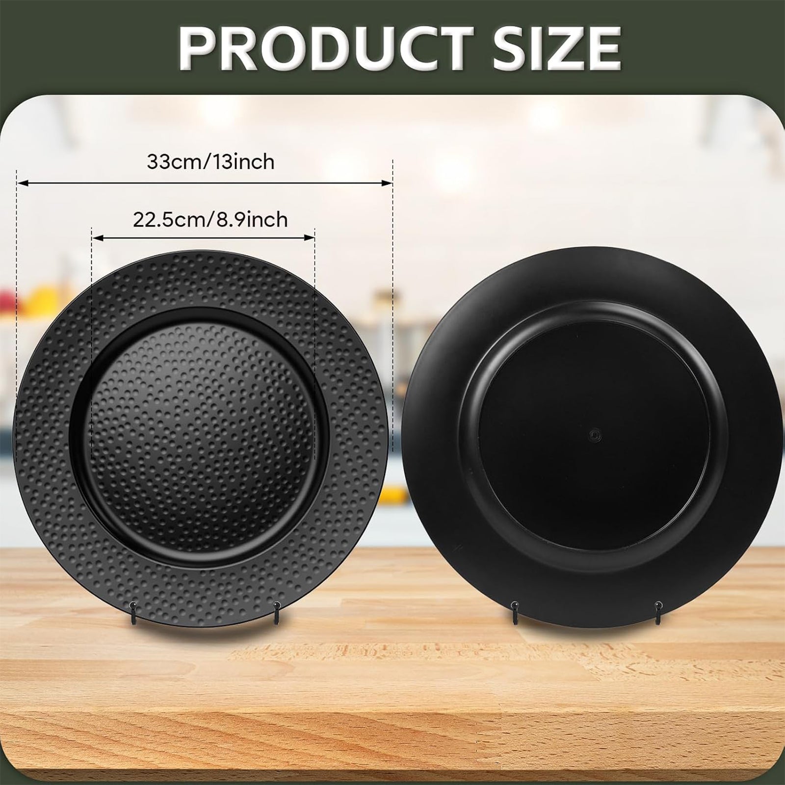 Maeklon 50 Pcs Hammered Black Charger Plates, 13" Black Chargers for Dinner Plates, Plastic Reusable Round Charger Plate for Table Setting, Wedding, Party, Event