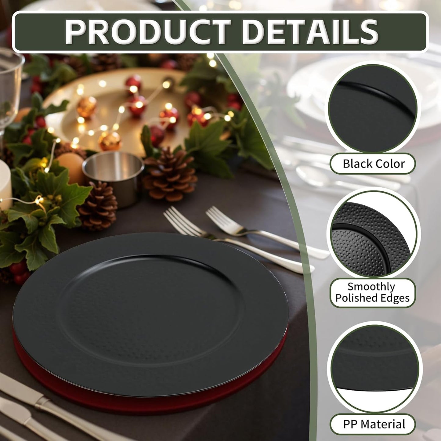 Maeklon 50 Pcs Hammered Black Charger Plates, 13" Black Chargers for Dinner Plates, Plastic Reusable Round Charger Plate for Table Setting, Wedding, Party, Event
