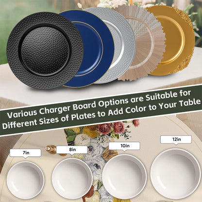 Maeklon 50 Pcs Hammered Black Charger Plates, 13" Black Chargers for Dinner Plates, Plastic Reusable Round Charger Plate for Table Setting, Wedding, Party, Event