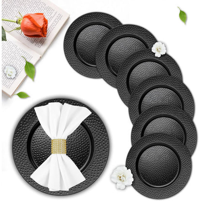 Maeklon 50 Pcs Hammered Black Charger Plates, 13" Black Chargers for Dinner Plates, Plastic Reusable Round Charger Plate for Table Setting, Wedding, Party, Event