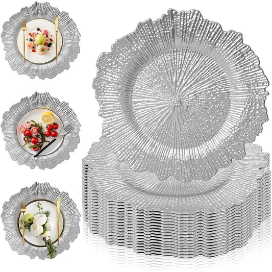 Maeklon 50 Pcs Silver Charger Plates Bulk, 13" Silver Reef Charger Plates for Wedding, Thanksgiving, Christmas, Plastic Chargers for Dinner Plates