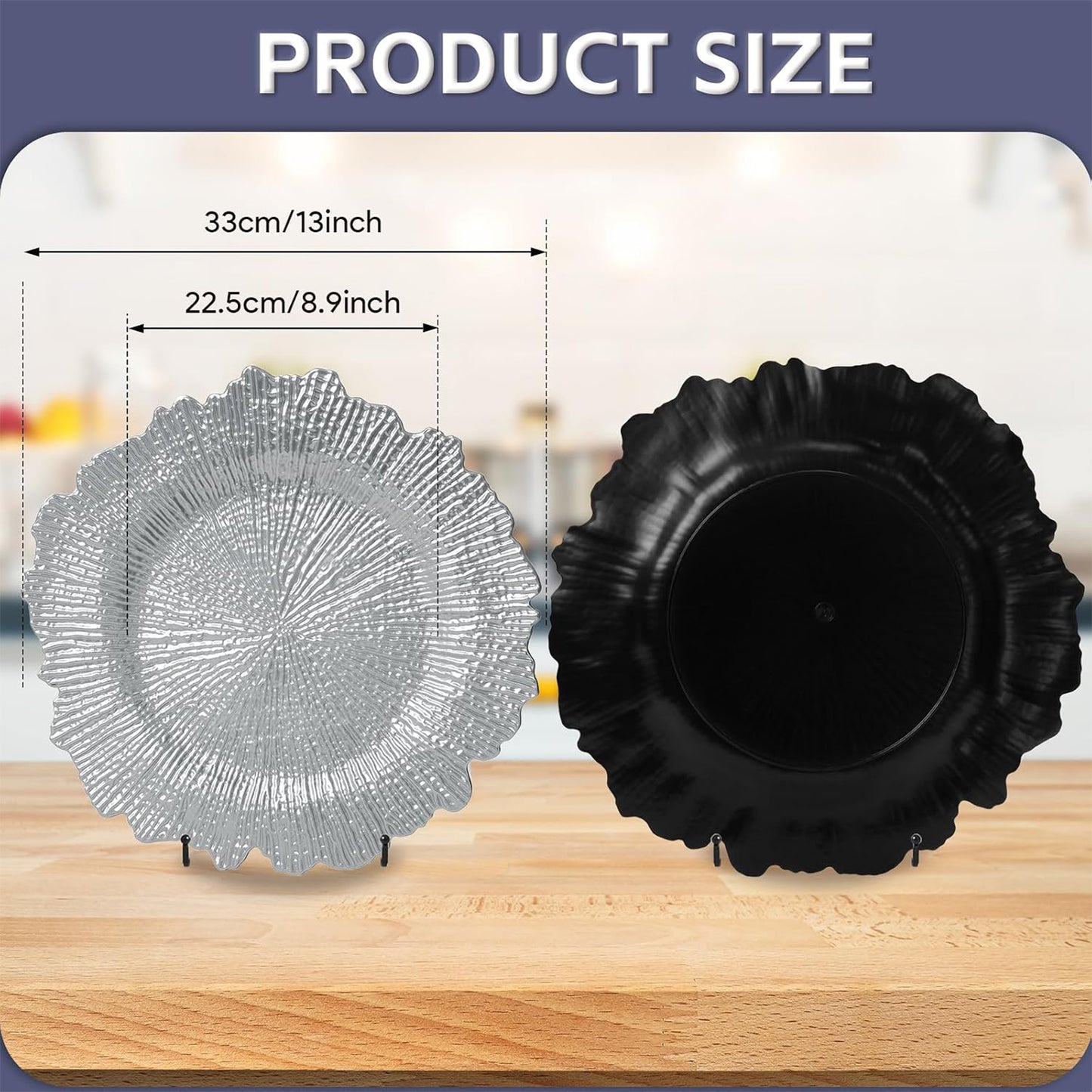 Maeklon 50 Pcs Silver Charger Plates Bulk, 13" Silver Reef Charger Plates for Wedding, Thanksgiving, Christmas, Plastic Chargers for Dinner Plates