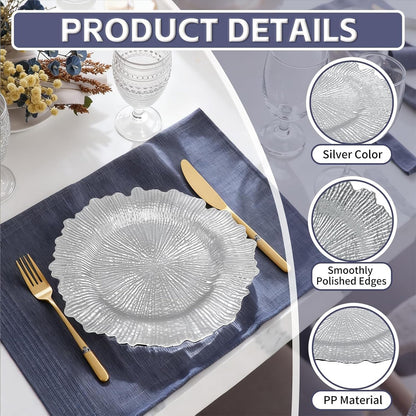 Maeklon 50 Pcs Silver Charger Plates Bulk, 13" Silver Reef Charger Plates for Wedding, Thanksgiving, Christmas, Plastic Chargers for Dinner Plates