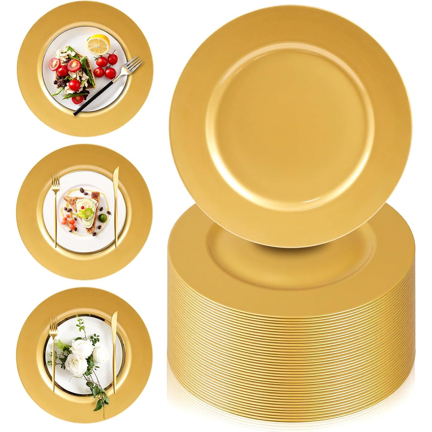 Maeklon 100 Pcs Charger Plates Bulk, 13" Gold Plate Charger for Dinner Plates, Round Wedding Chargers Plastic Dinner Plates for Table Setting Wedding Party Decoration