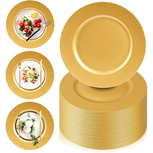 Maeklon 100 Pcs Charger Plates Bulk, 13" Gold Plate Charger for Dinner Plates, Round Wedding Chargers Plastic Dinner Plates for Table Setting Wedding Party Decoration