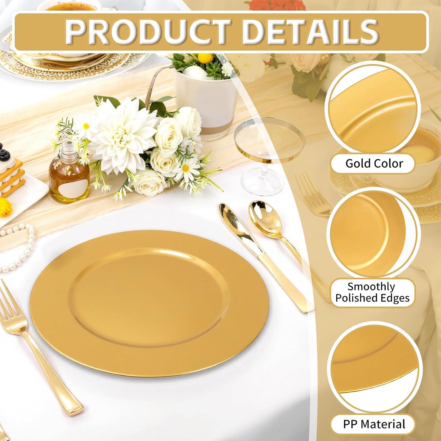 Maeklon 100 Pcs Charger Plates Bulk, 13" Gold Plate Charger for Dinner Plates, Round Wedding Chargers Plastic Dinner Plates for Table Setting Wedding Party Decoration