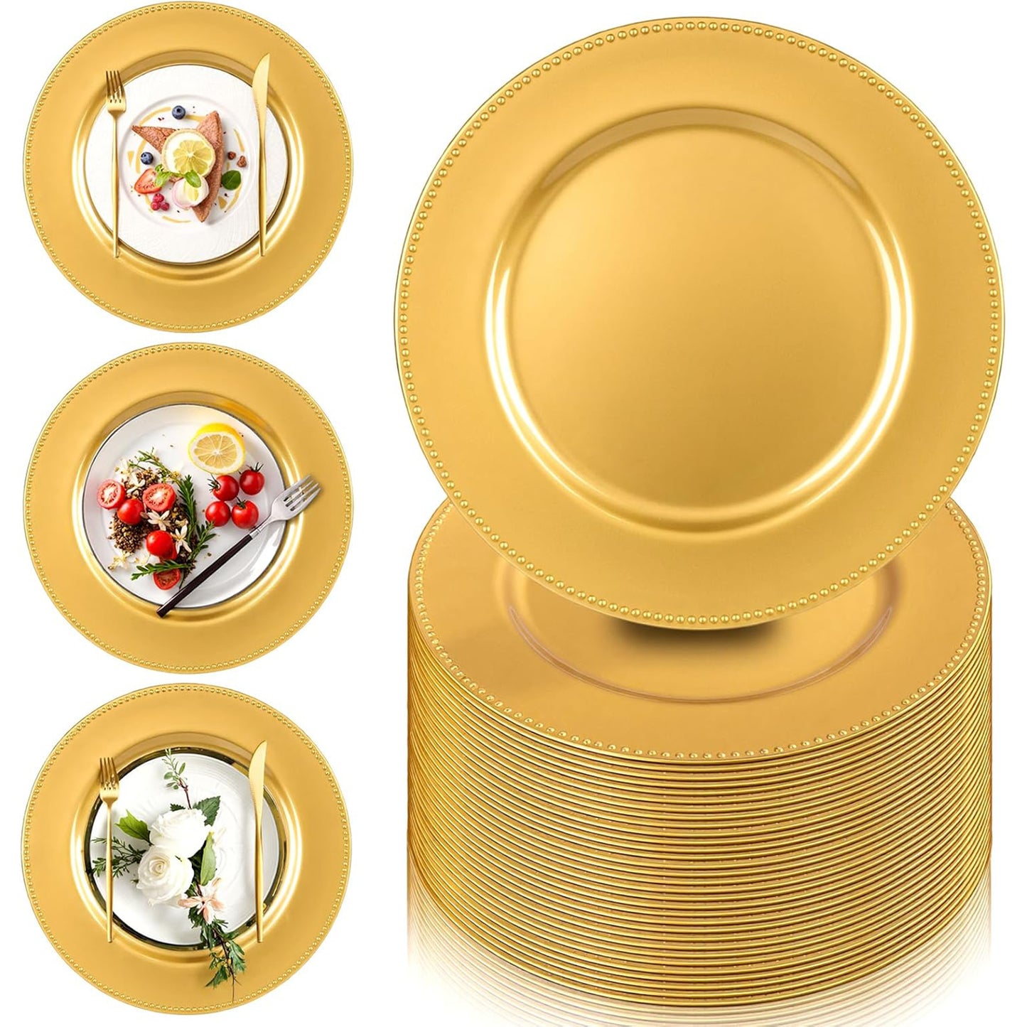 Maeklon 13" Gold Charger Plates Set of 100,Premium Gold Chargers for Dinner Plates with Beaded Rim, Plastic Table Chargers for Wedding Party, Elegant Tabletop Decor, Thanksgiving, Christmas
