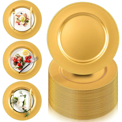 Maeklon 13" Gold Charger Plates Set of 100,Premium Gold Chargers for Dinner Plates with Beaded Rim, Plastic Table Chargers for Wedding Party, Elegant Tabletop Decor, Thanksgiving, Christmas