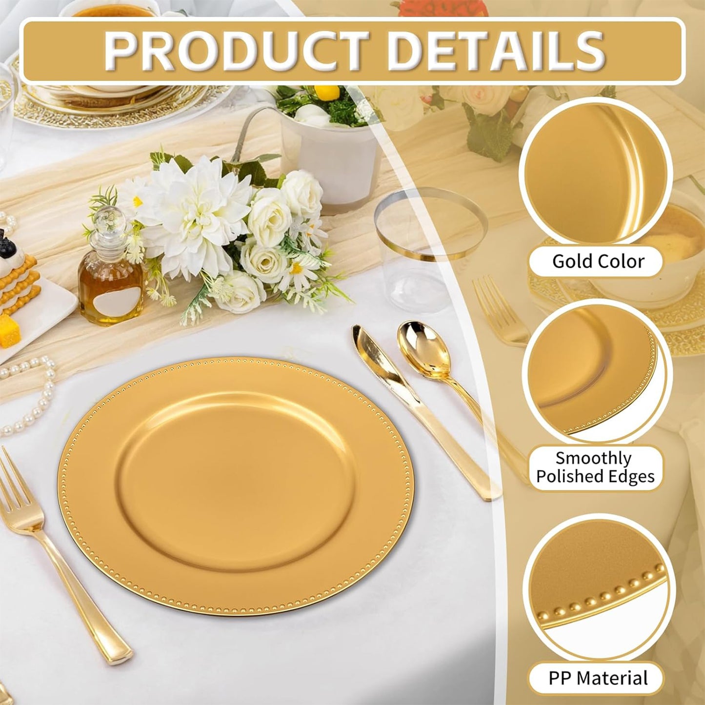 Maeklon 13" Gold Charger Plates Set of 100,Premium Gold Chargers for Dinner Plates with Beaded Rim, Plastic Table Chargers for Wedding Party, Elegant Tabletop Decor, Thanksgiving, Christmas