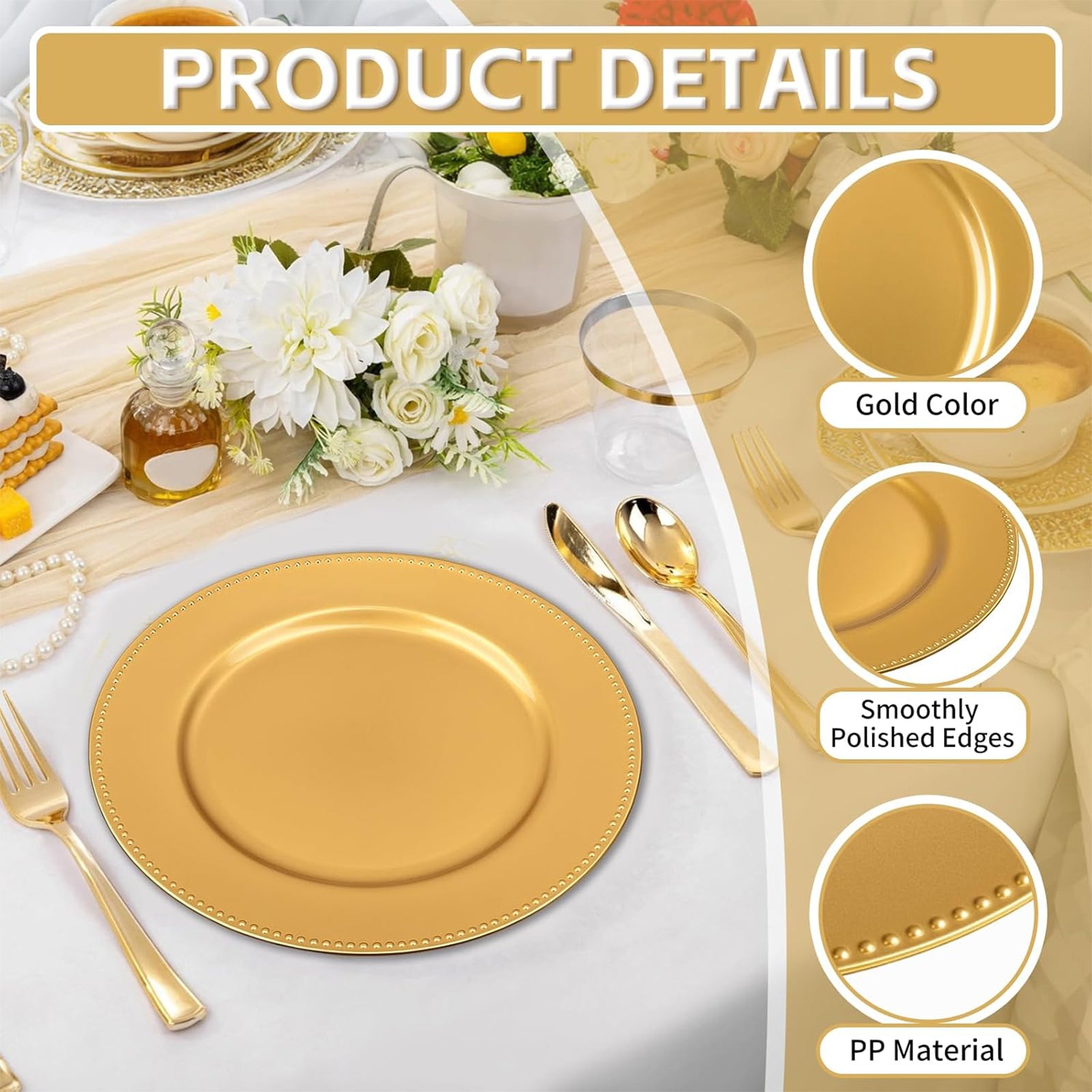 Maeklon 13" Gold Charger Plates Set of 100,Premium Gold Chargers for Dinner Plates with Beaded Rim, Plastic Table Chargers for Wedding Party, Elegant Tabletop Decor, Thanksgiving, Christmas