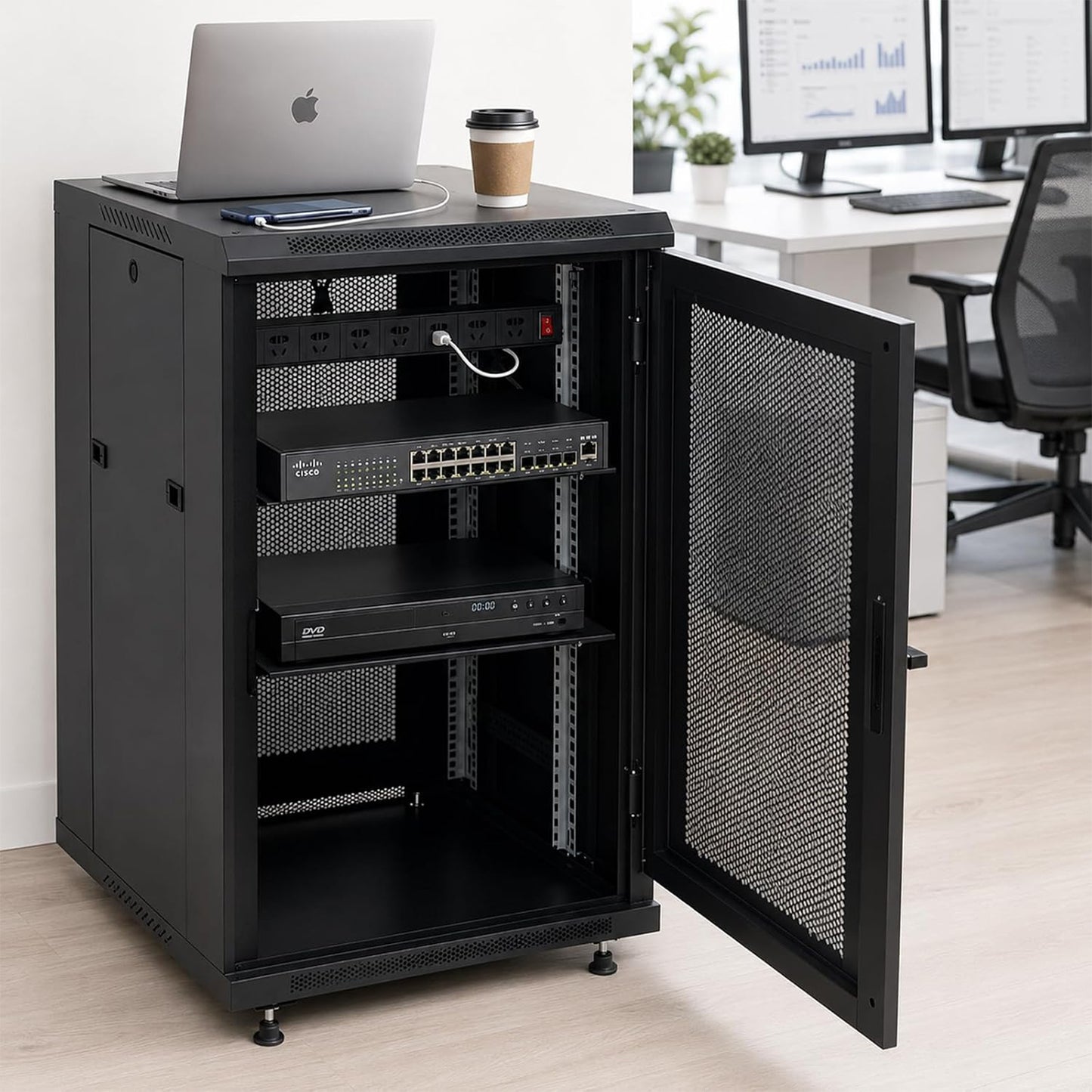 Maeklon 18U Server Rack Cabinet 19 Inch Enclosed Network Rack with Wheels | Server Rack Cabinet with Adjustable Rails, Lockable Mesh Door, Cable Management, Shelf and 992 Lbs Capacity
