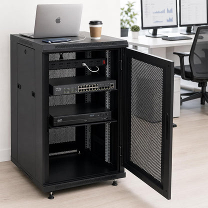 Maeklon 18U Server Rack Cabinet 19 Inch Enclosed Network Rack with Wheels | Server Rack Cabinet with Adjustable Rails, Lockable Mesh Door, Cable Management, Shelf and 992 Lbs Capacity