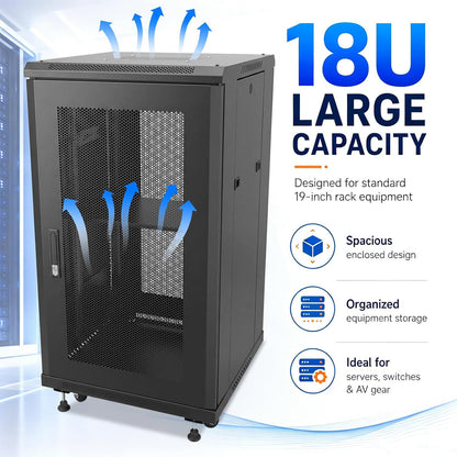 Maeklon 18U Server Rack Cabinet 19 Inch Enclosed Network Rack with Wheels | Server Rack Cabinet with Adjustable Rails, Lockable Mesh Door, Cable Management, Shelf and 992 Lbs Capacity