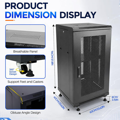 Maeklon 18U Server Rack Cabinet 19 Inch Enclosed Network Rack with Wheels | Server Rack Cabinet with Adjustable Rails, Lockable Mesh Door, Cable Management, Shelf and 992 Lbs Capacity