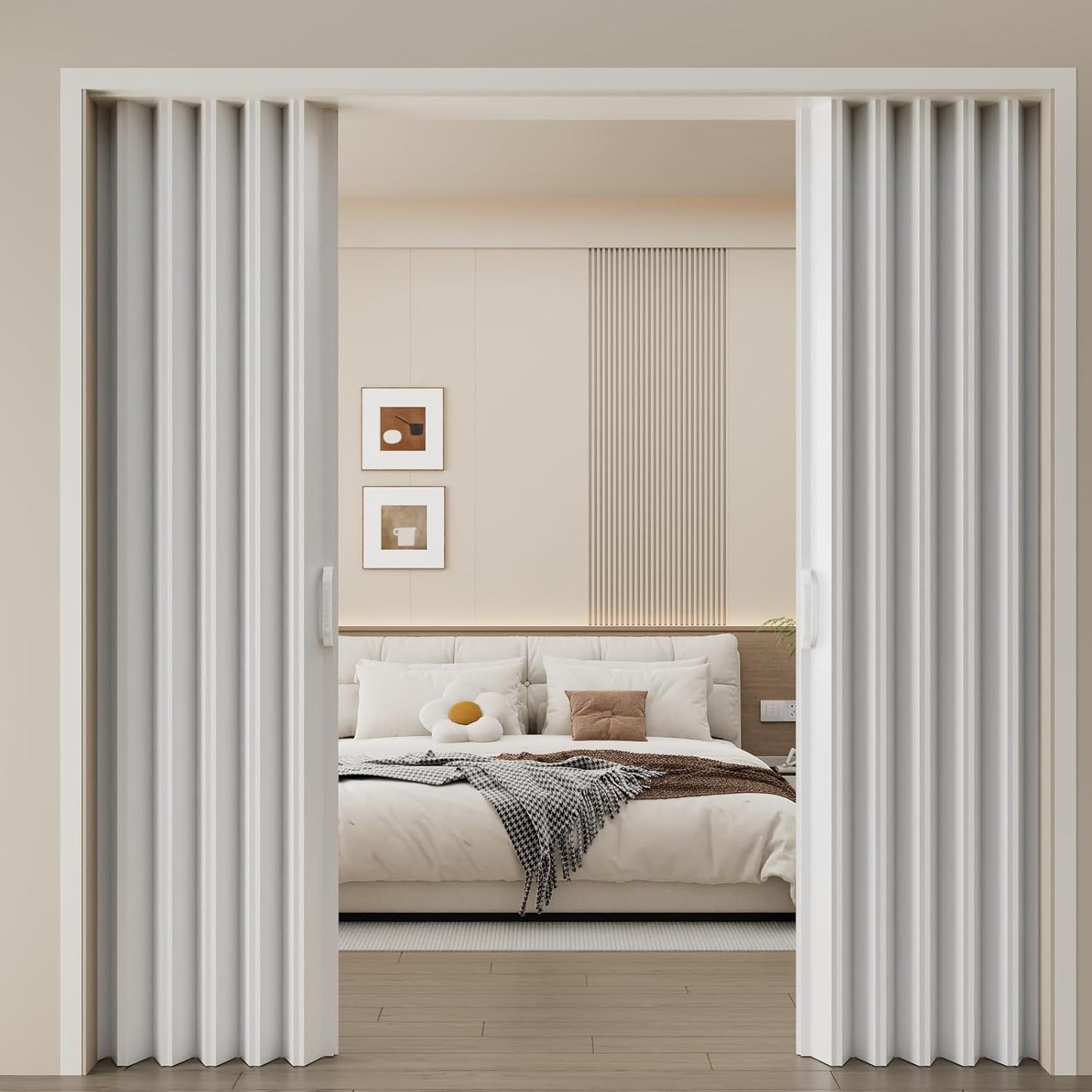 Maeklon 59 X 78 in PVC Accordion Door, Folding Accordion Doors, Bifold Portable Interior Folding Door with Mounting Hardware, Handle, for Closet Bathroom Doorways, White
