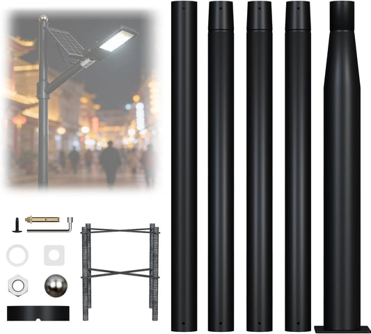 Maeklon 16 Ft Tall Street Light Pole, Outdoor Adjustable Stainless Steel Street Llight Pole,Street Light Installation Pole with Mounting Rebar Cage Base Accessory, for Parking Lot, Walkway (Black)